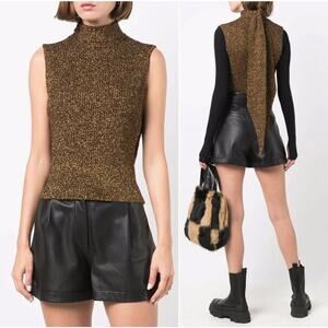 Ganni Metallic Rib Knit Tie Back Top Womens Size XL Gold Black NWT Retail $ 225